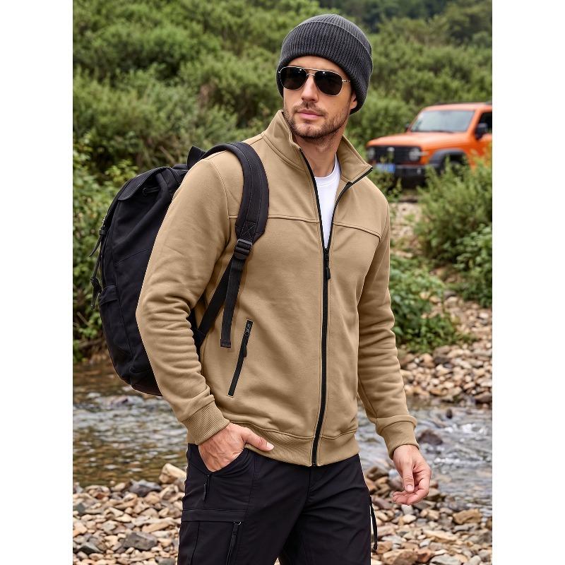 Men's Stand Collar Fleece Lined Zip Jacket Side Pockets Outdoor Casual Top.