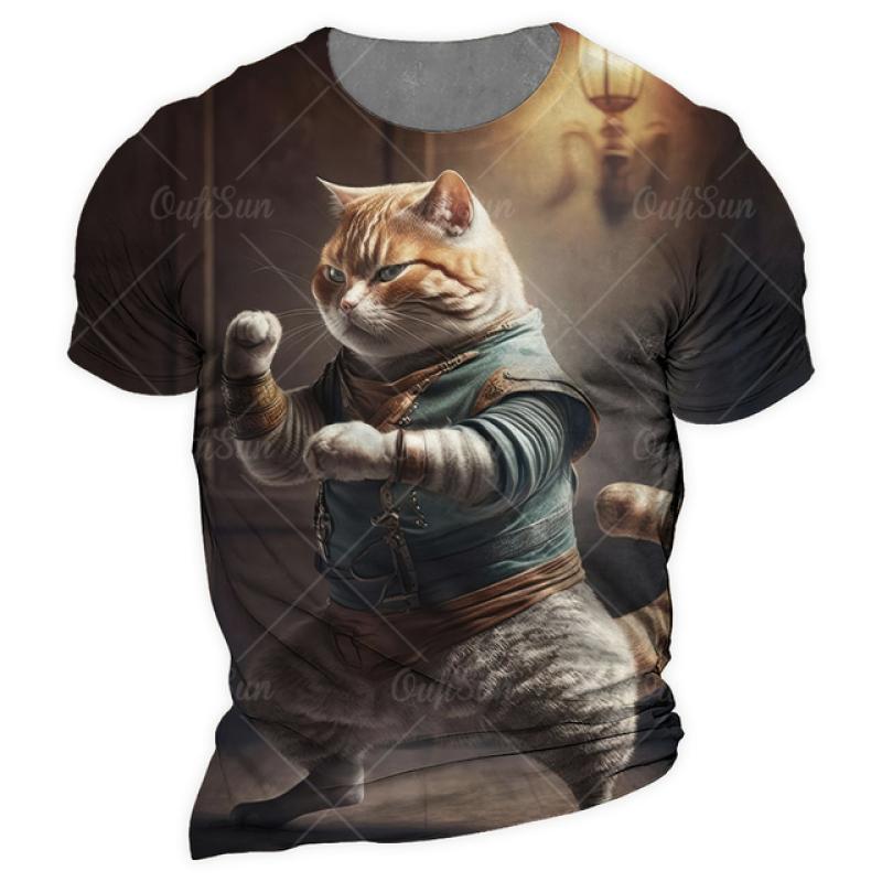 Samurai Cat O-Neck Men's Shirts Summer Male 3d Print Short Sleeve T Shirts Oversized Man Casual Top Tees Daily Animal Clothing