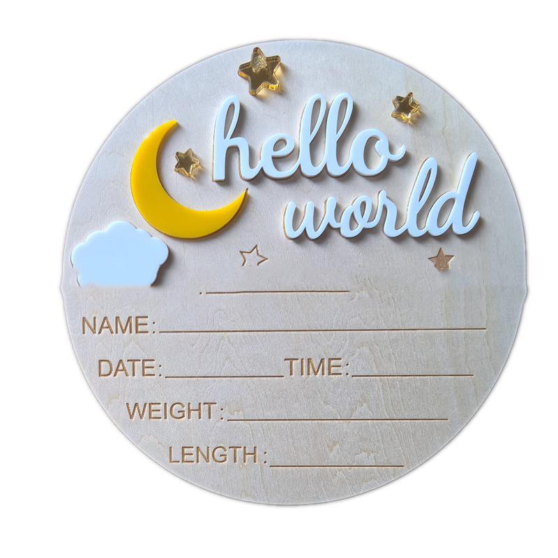 Wooden Hello World Newborn Sign, Cute Birth Announcement Board Baby Announcement