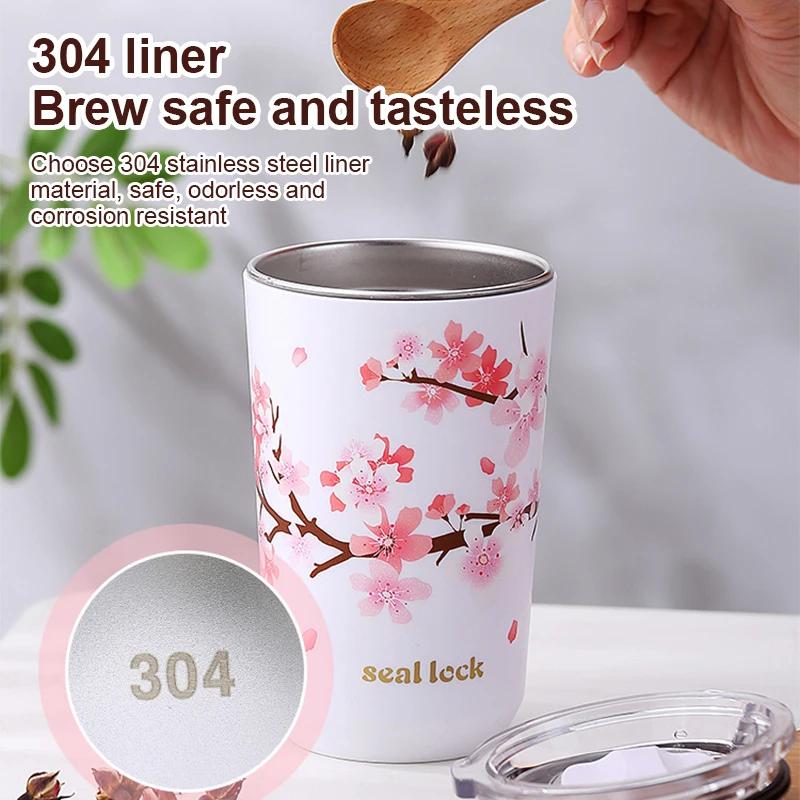 Cherry Blossom Thermal Mug With Lid Double Wall Coffee Leak-Proof Water Cup Travel Camping Tea Tumbler Drinkware Stainless Steel