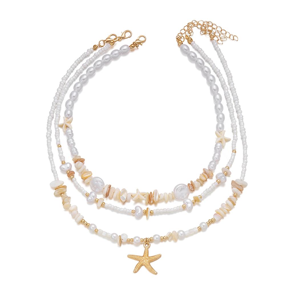 Damen Bohemian Resort Stil Seestern Perle Mehrschichtige Halskette Vielseitiges Strandaccessoire