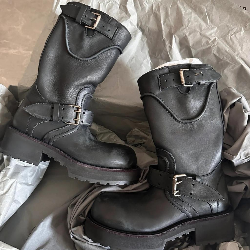 Paris big head retro thick-soled medium tube Martin boots women's versatile belt buckle western boots slimming inner heightening locomotive boots