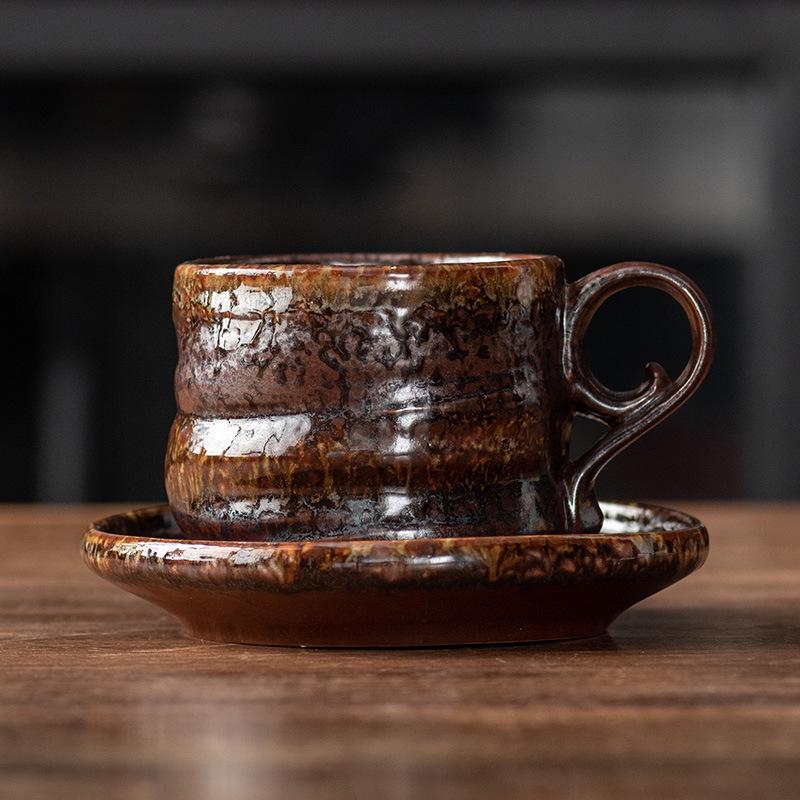 Handmade Retro Ceramic Coffee Cup and Saucer Set - Creative, Simple Design