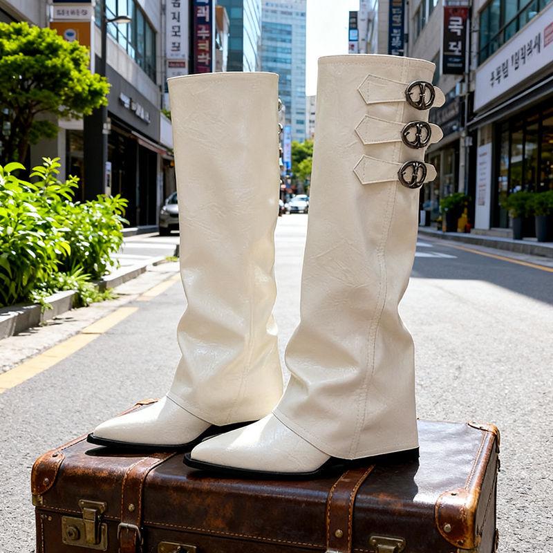 

Soft leather niche pointed inner heightening trouser boots women s belt buckle white but knee boots wedge heel knight boots 35