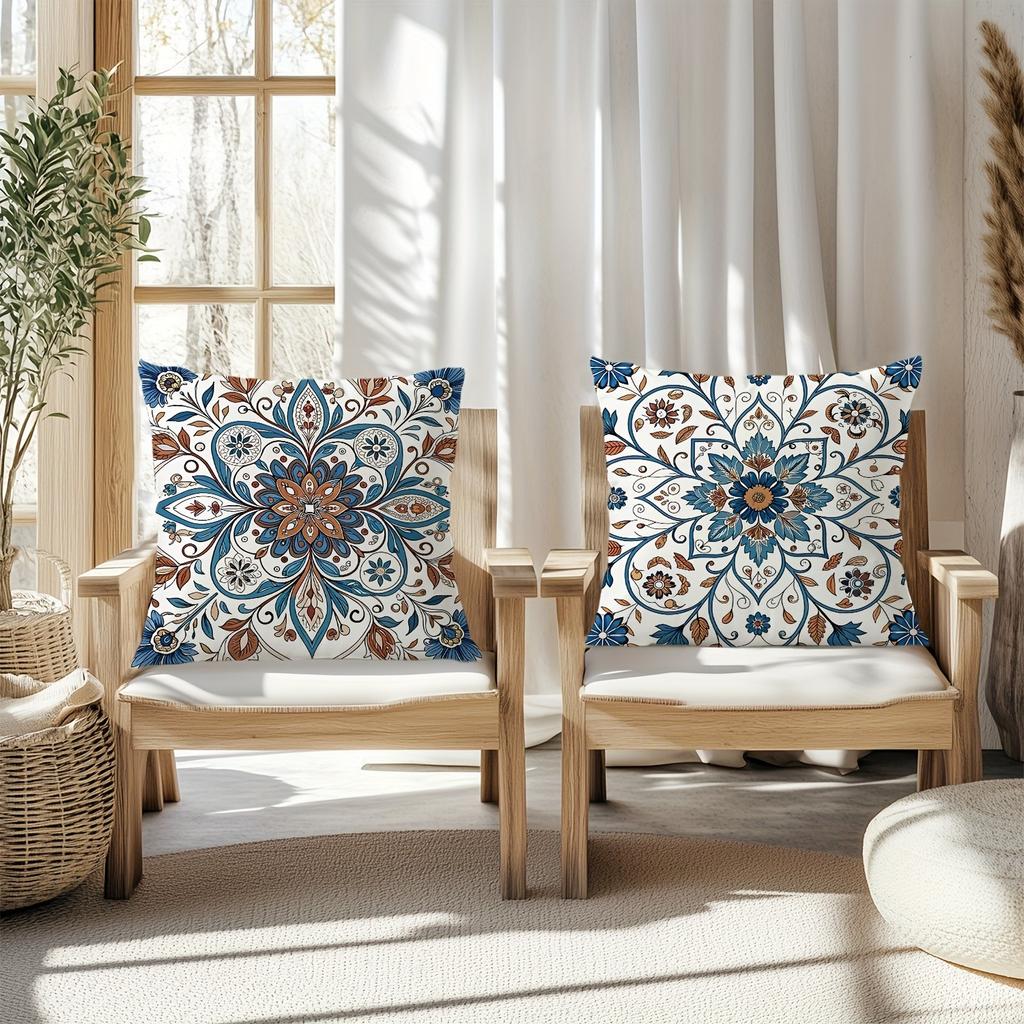 Retro Tile - Inspired Floral Pillow CoversLiving Room Sofa Cushion Cover, Soft and Comfortable, Bedroom Room Decoration