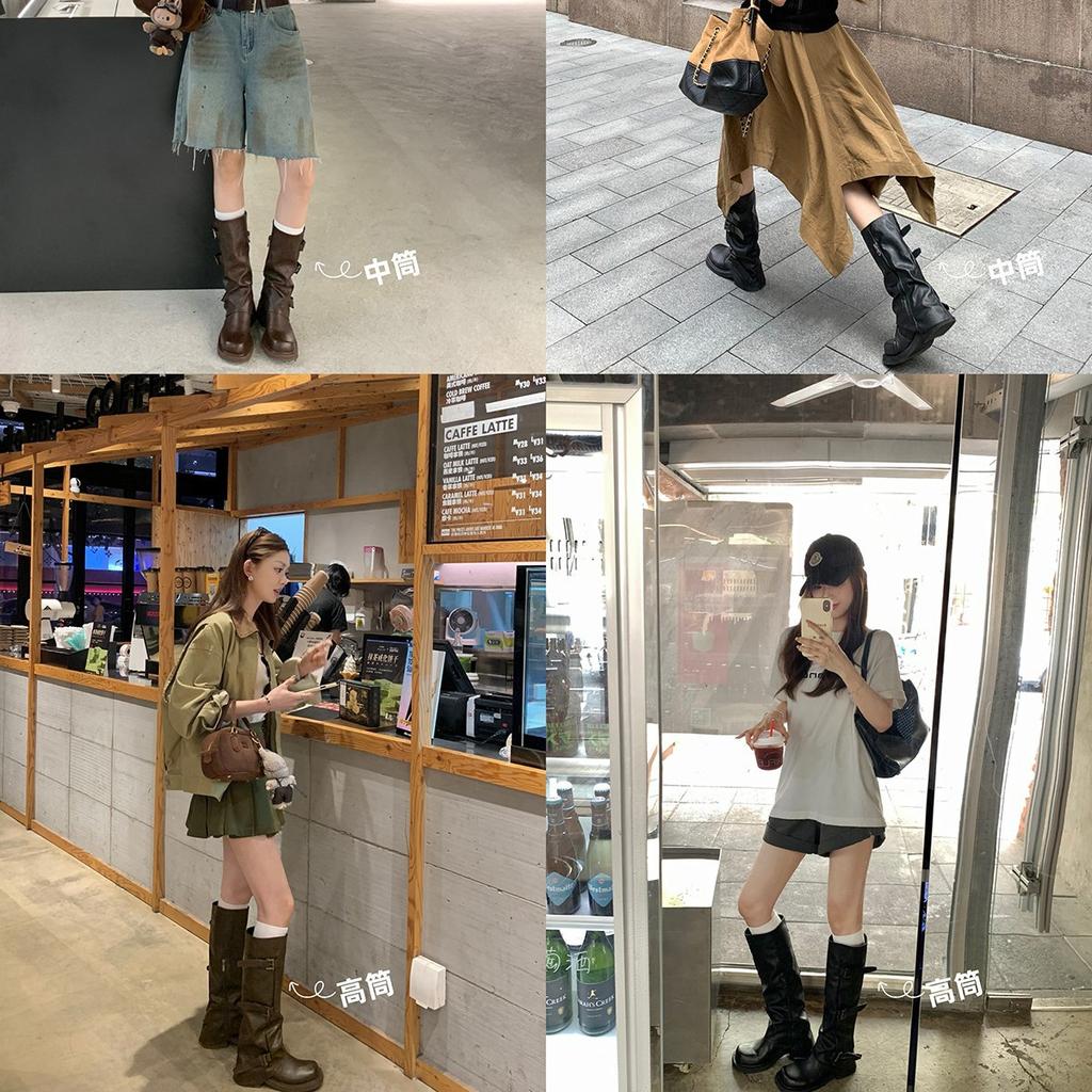 Grape mother studiolee height increased by 6cm~ fashionable belt buckle square round head pleated medium tube knight boots women's autumn
