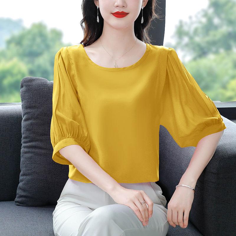 Elegant Women Puff Sleeve Blouses Summer 3/4 Sleeve O Neck Wrinkle Textured Blusas Fashion Solid Color Tunic Tops