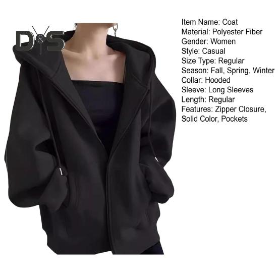 Autumn Spring Women Coat Hooded Drawstring Long Sleeves Pockets Zip-up Elastic Cuff Hem Loose Sport Hoodie Casual Daily Wear Jacket
