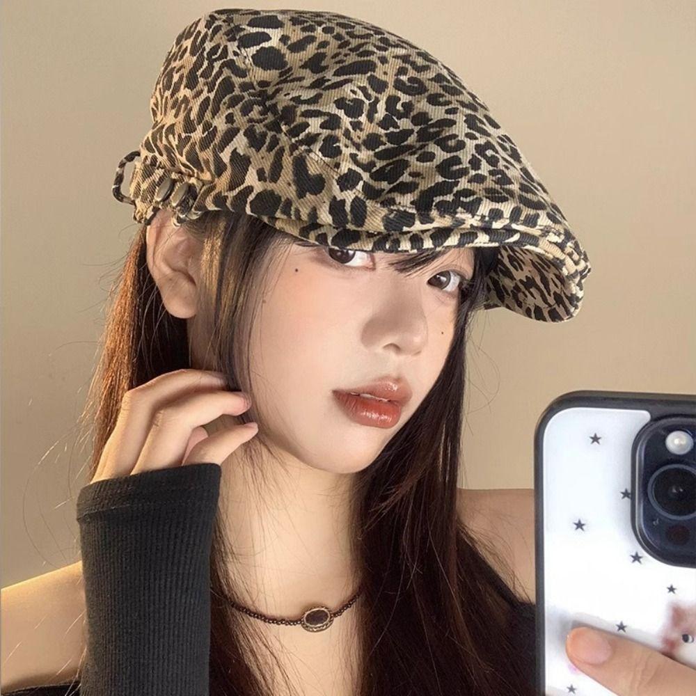 Mode Retro Leopardendruck Mütze Schiebermütze Verstellbar Britische Schirmmütze Bequeme Malerhut Damen Herren