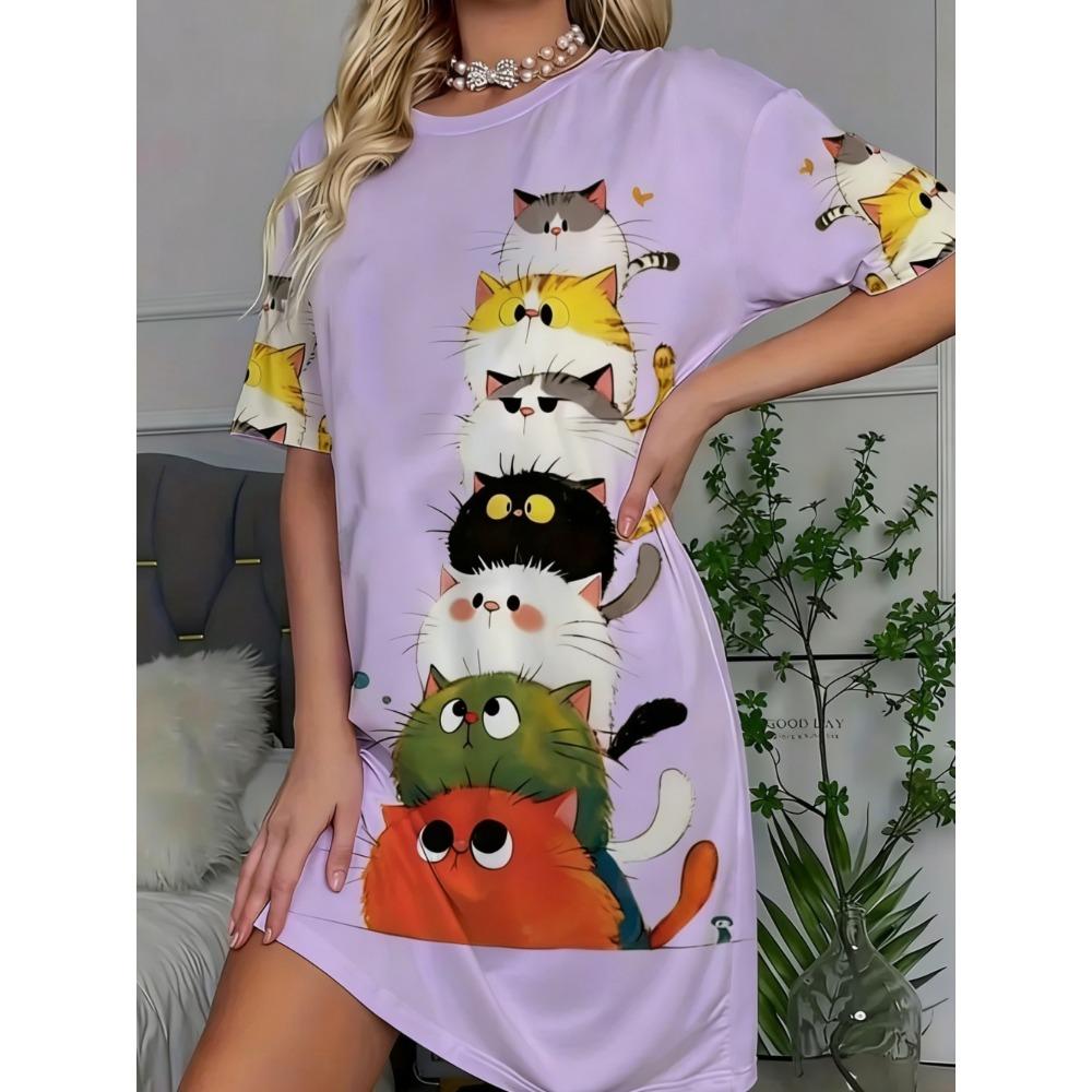 Robe d'été courte à manches courtes imprimée, motif animal créatif et amusant de dessin animé, grande taille, décontractée, confortable, douce pour femme