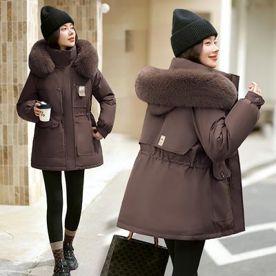 Pie Overcome Women's Winter New Korean Version Waist Thin Hooded Big Fur Collar Velvet Cotton Jacket Cotton Coat