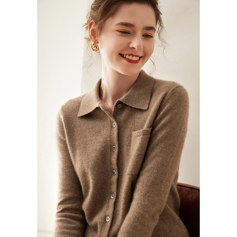 Women's Cashmere Polo Collar Knit Top: Versatile Solid Color Cardigan Sweater Coat
