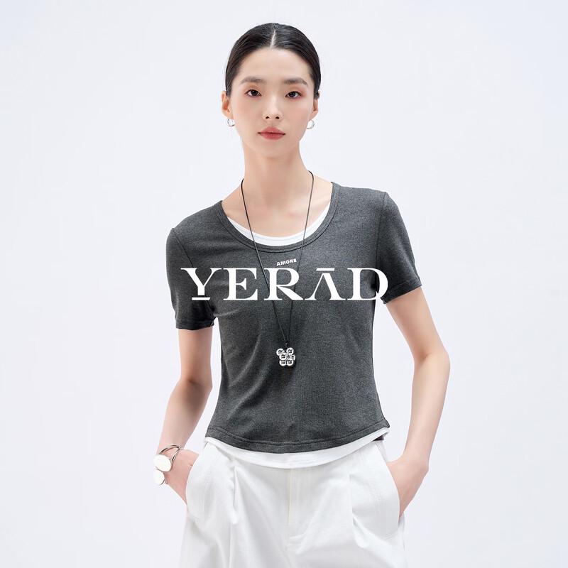 YERAD Women s Casual Faux Two-Piece Grey Short Sleeve T-Shirt M