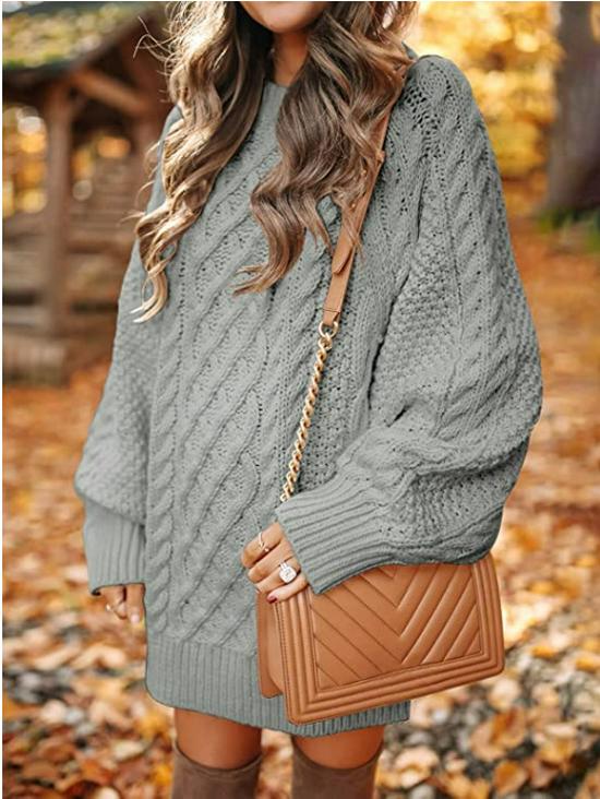 European & American Women's Oversized Cable Knit Sweater Dress - Round Neck, Long Sleeve, Mid-Length, Warm