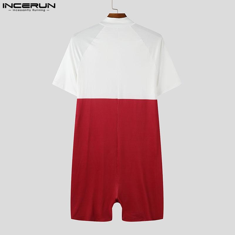 INCERUN Men Short Sleeve Letter Print Patchwork Fitted Pajamas Jumpsuits Romper Bodysuits