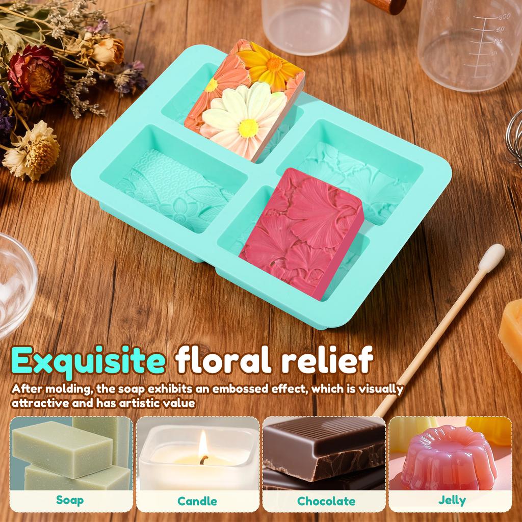 2Pcs Silicone Soap Molds 4 Cavity Rectangle Soap Mold Flower Pattern Chocolate Making Tool for Chocolate Candle Jelly Resin