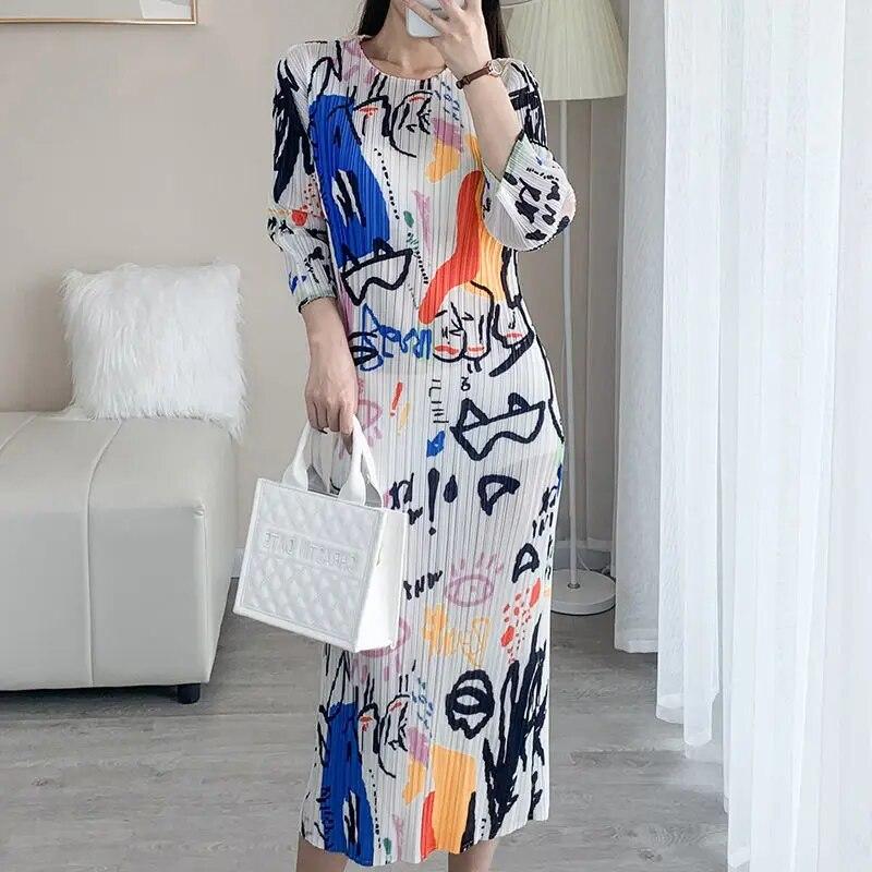 

Зморшкувата модна жіноча сукня з принтом, нова осінь, круглий виріз із рукавом 3/4, тонка сукня середньої довжини XL бежевий