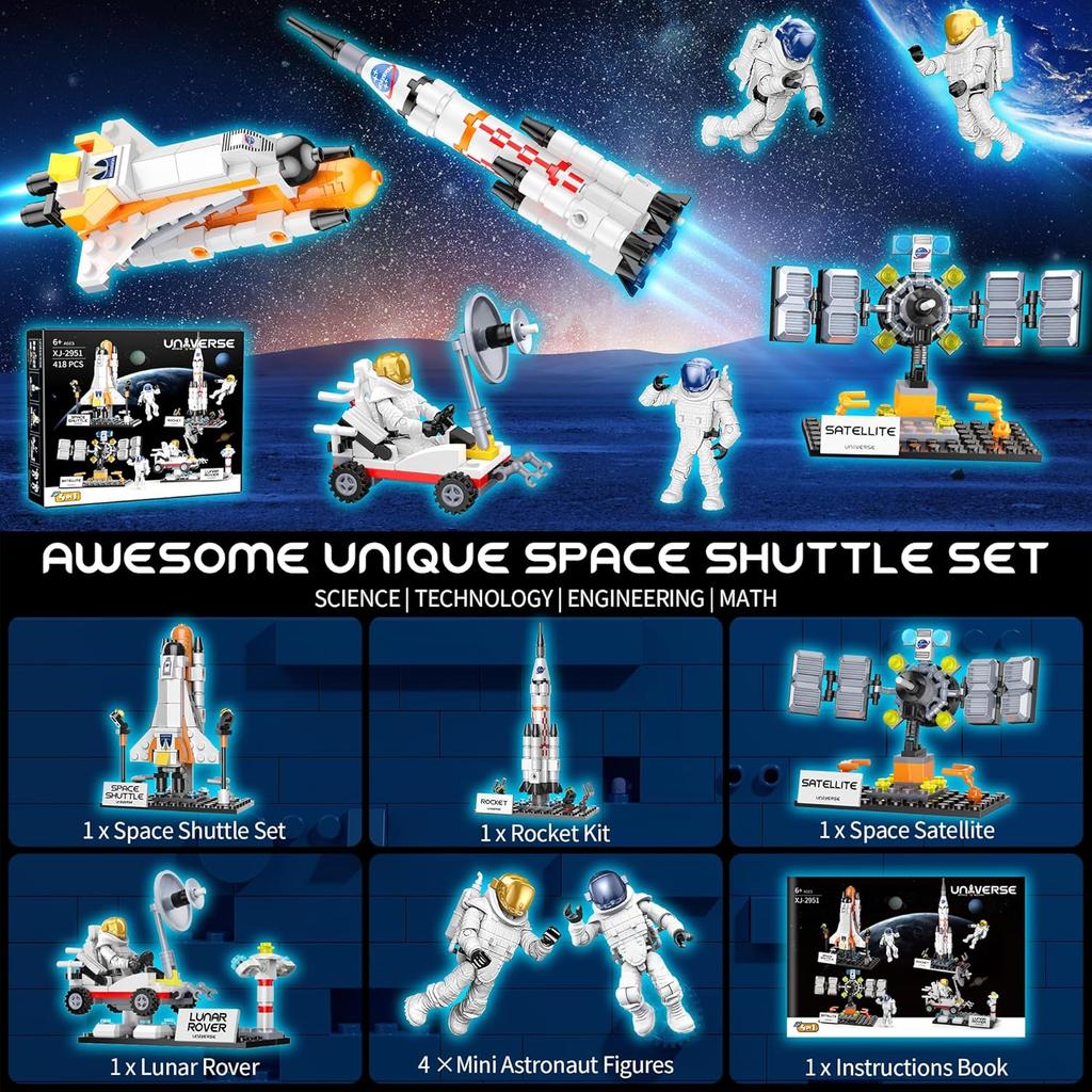 Interstellar Space Exploration Shuttle Toys for 6, 7, 8, 9, 10+ Year Old Kids Girls Boys, STEM Projects Rocket Spaceship Building Toy Kit with 4