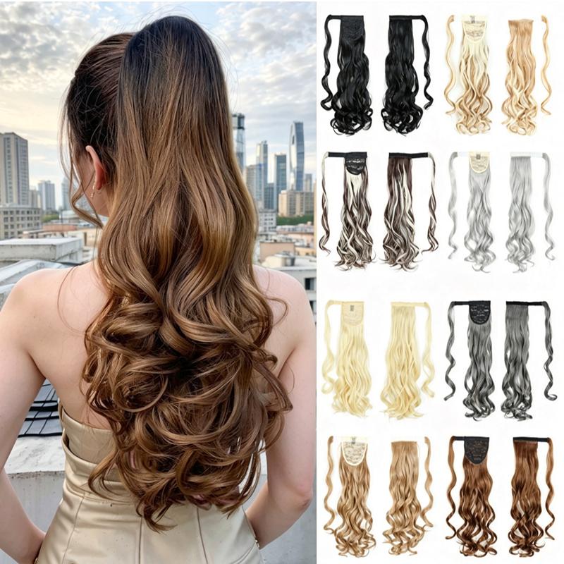22" Long Ponytail Hair Extension Wrap Around Pony Tail Clip in Curly Wavy Synthetic Fake Hairpiece for Women Daily Life