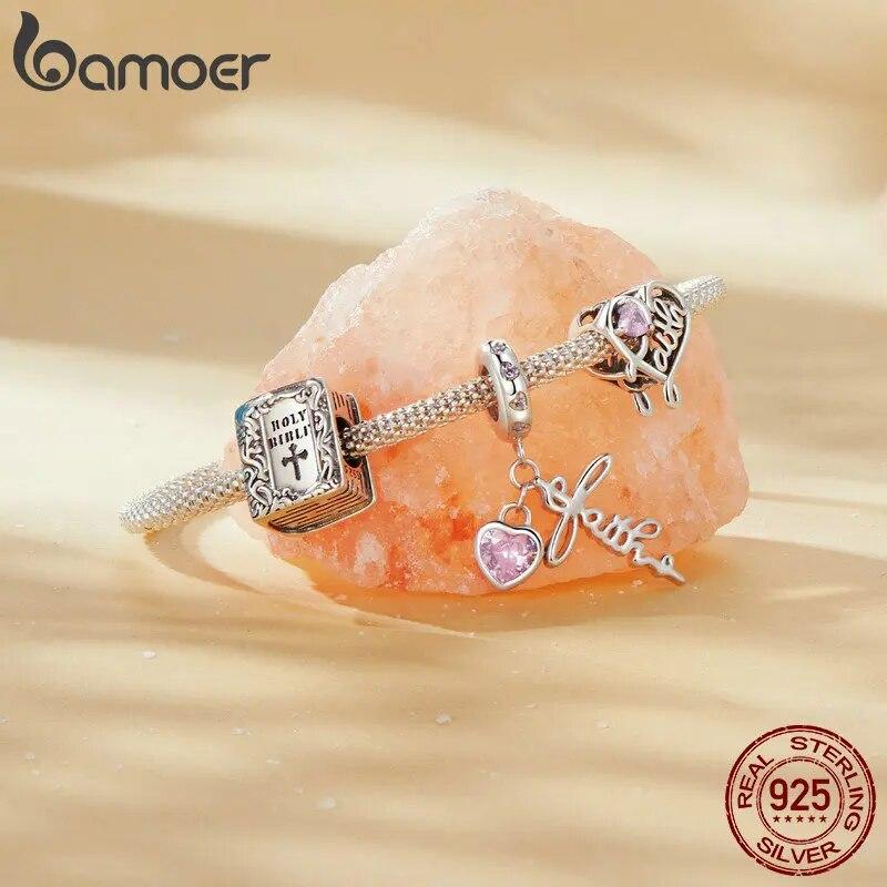 BAMOER Faith Charm for Women 925 Sterling Silver Cross Pendant Heart Shaped CZ Initial Pendant Fit Charm Bracelet Christmas Gift