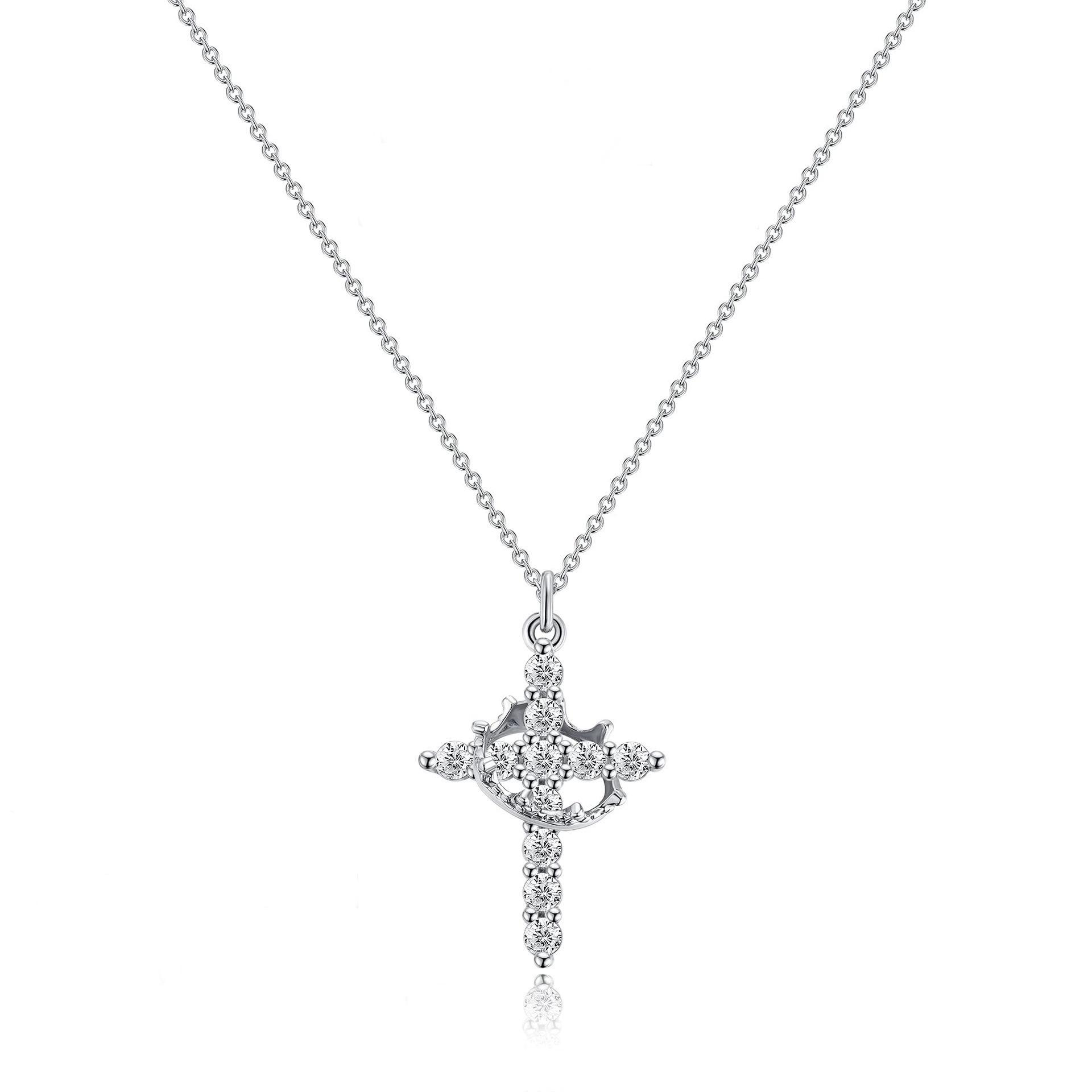 European American Rotating Zircon Crown Cross Pendant Necklace платиновый