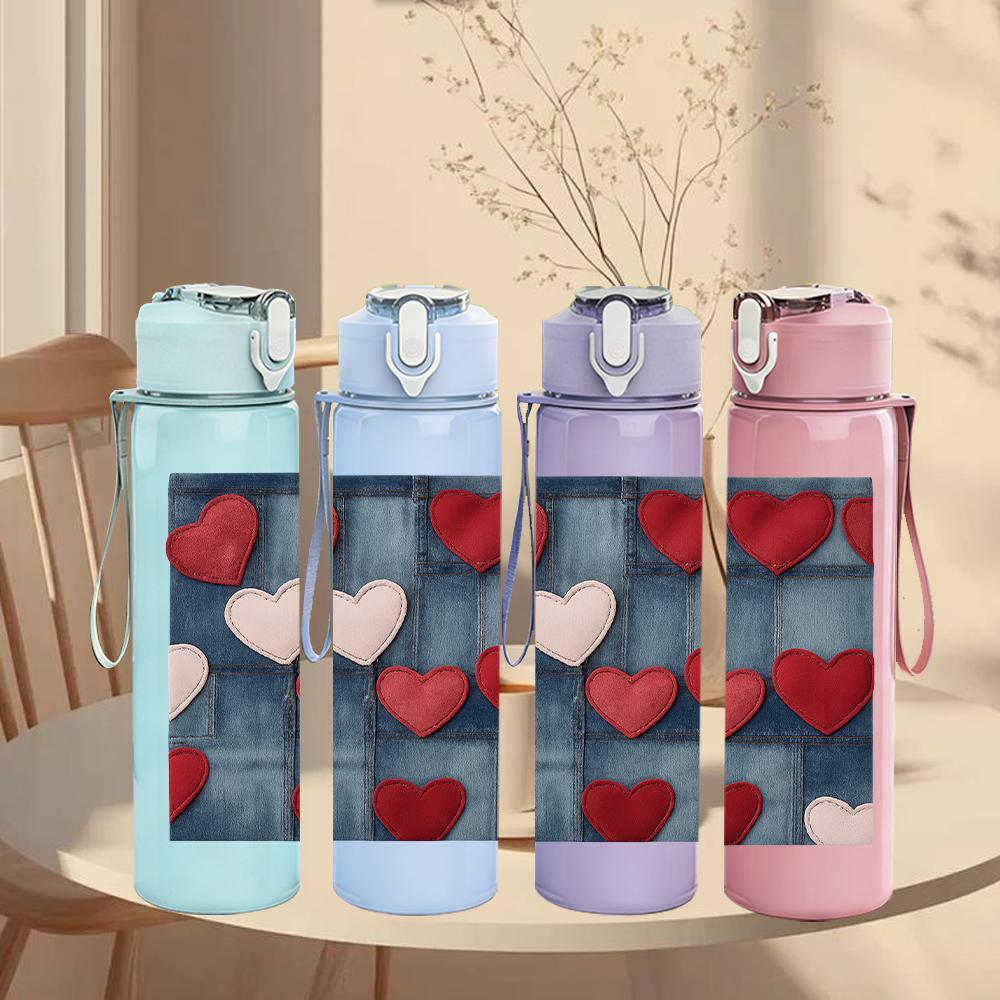 1PC Red Heart Grid Texture 750ml Color Plastic Sports Water Bottle Leakproof Flip Straw Lid For Sports Office Home Use