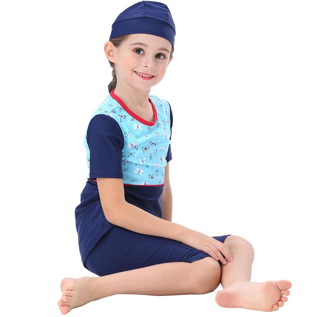 Girls' Short Sleeve Conservative Belly-Covering Swimsuit for Southeast Asian Children