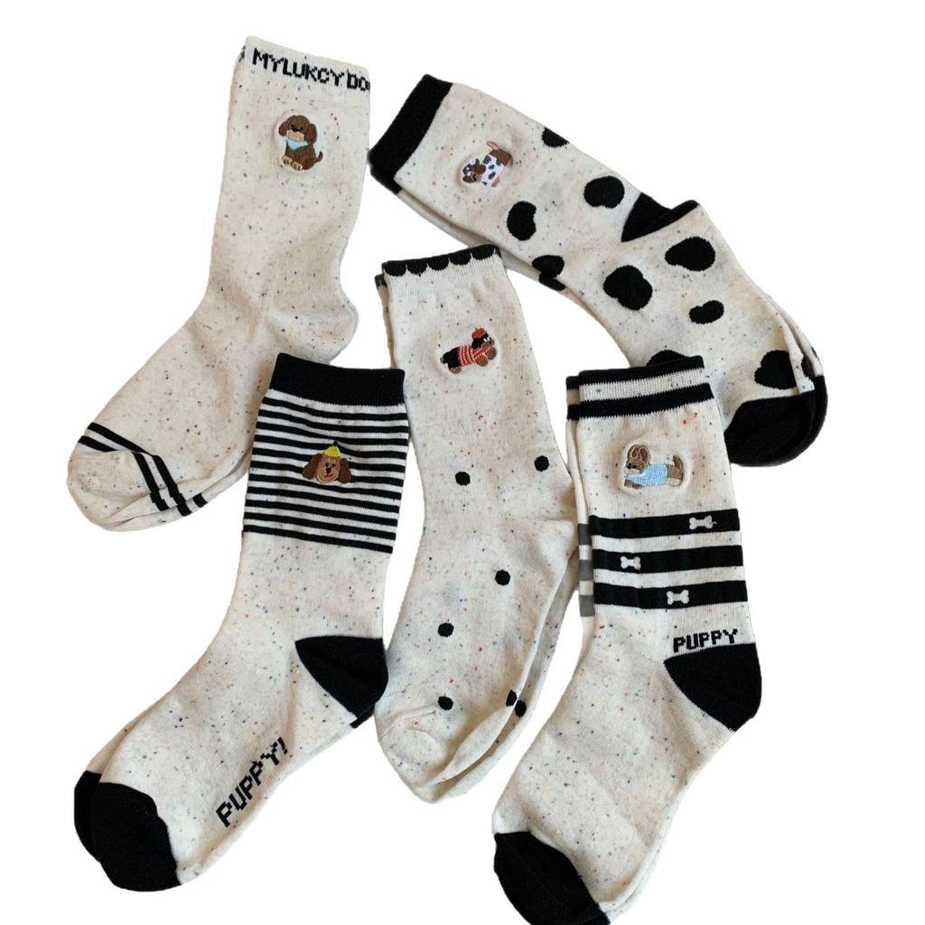 Socks, Medium-Legged Cotton Socks, Embroidered Dachshund Cartoon Color-Blocking Pattern, Versatile, Breathable, Casual Sports
