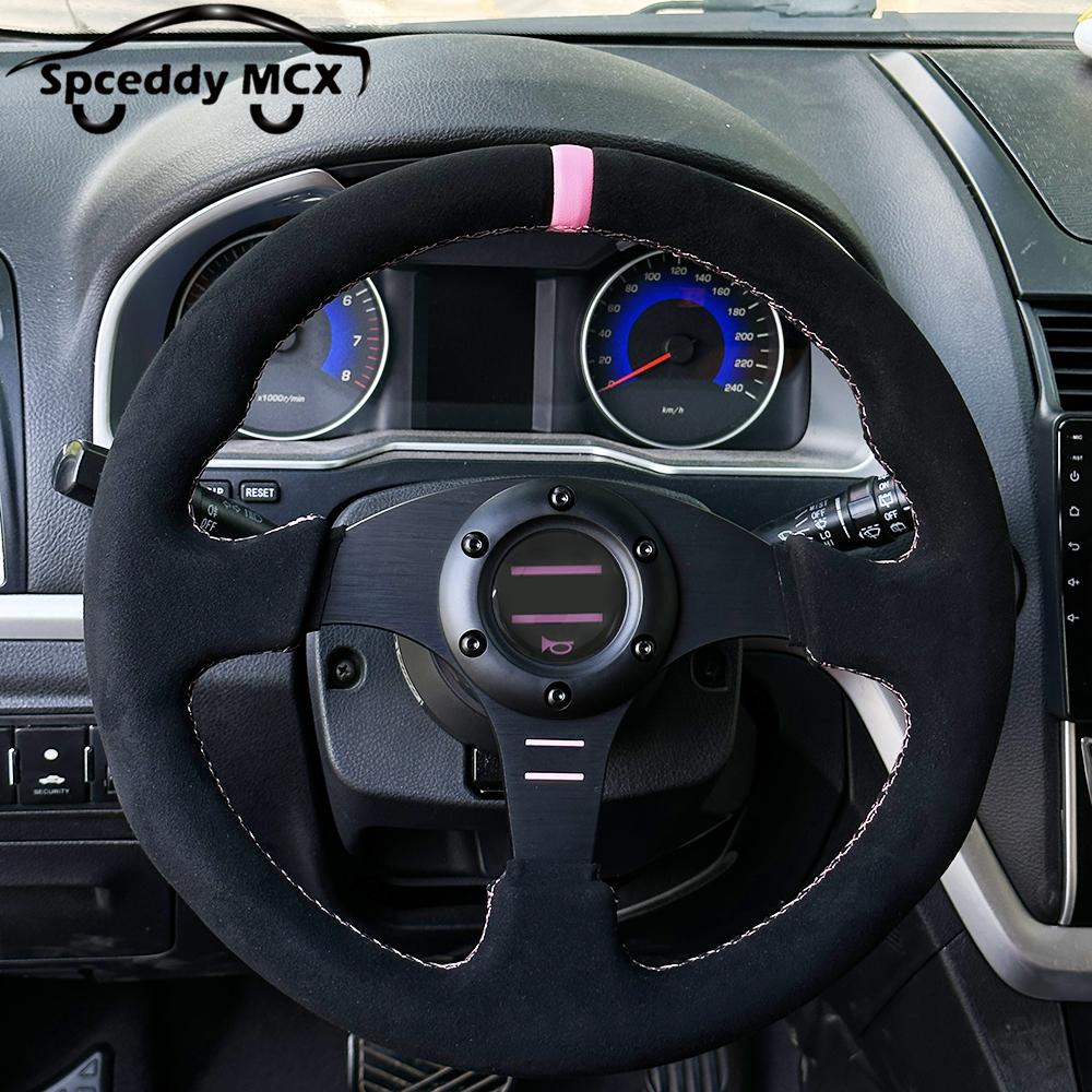Spceddy MCX Pink Suede Steering Wheel 13inch 330mm 14inch 350mm Flat Racing Sport Real Leather Steering Wheel Universal