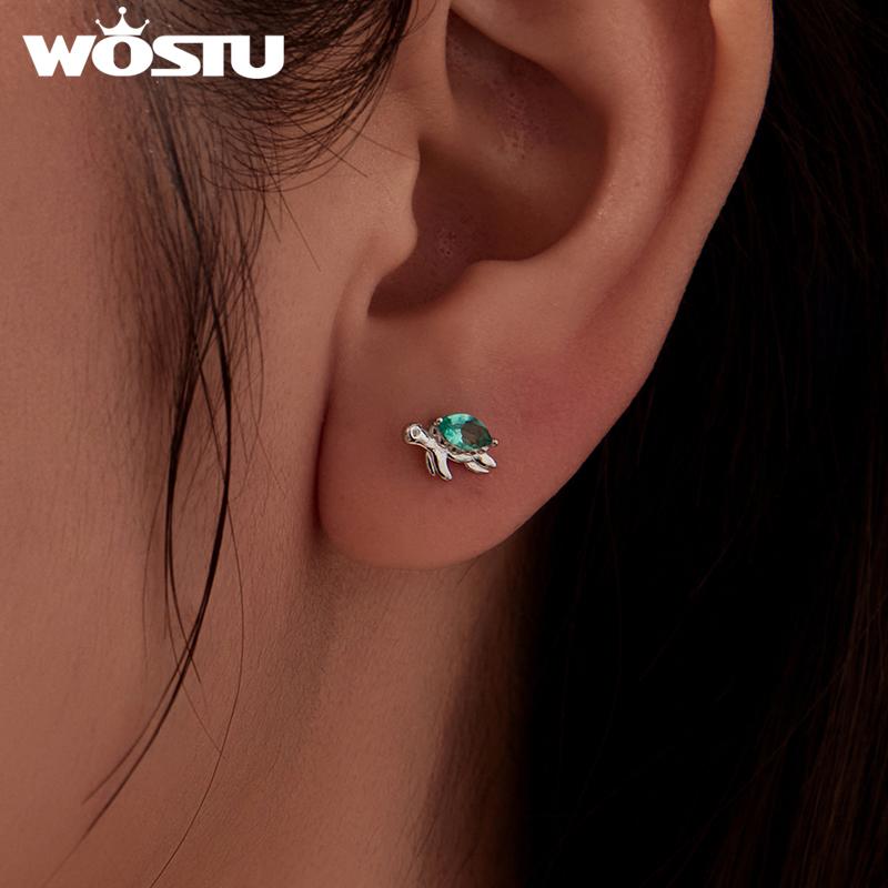 WOSTU 925 Sterling Silver Mini Green Turtle Stud Earrings For Women Girl Daugther Party Jewelry Holiday Gift S925 Pendientes