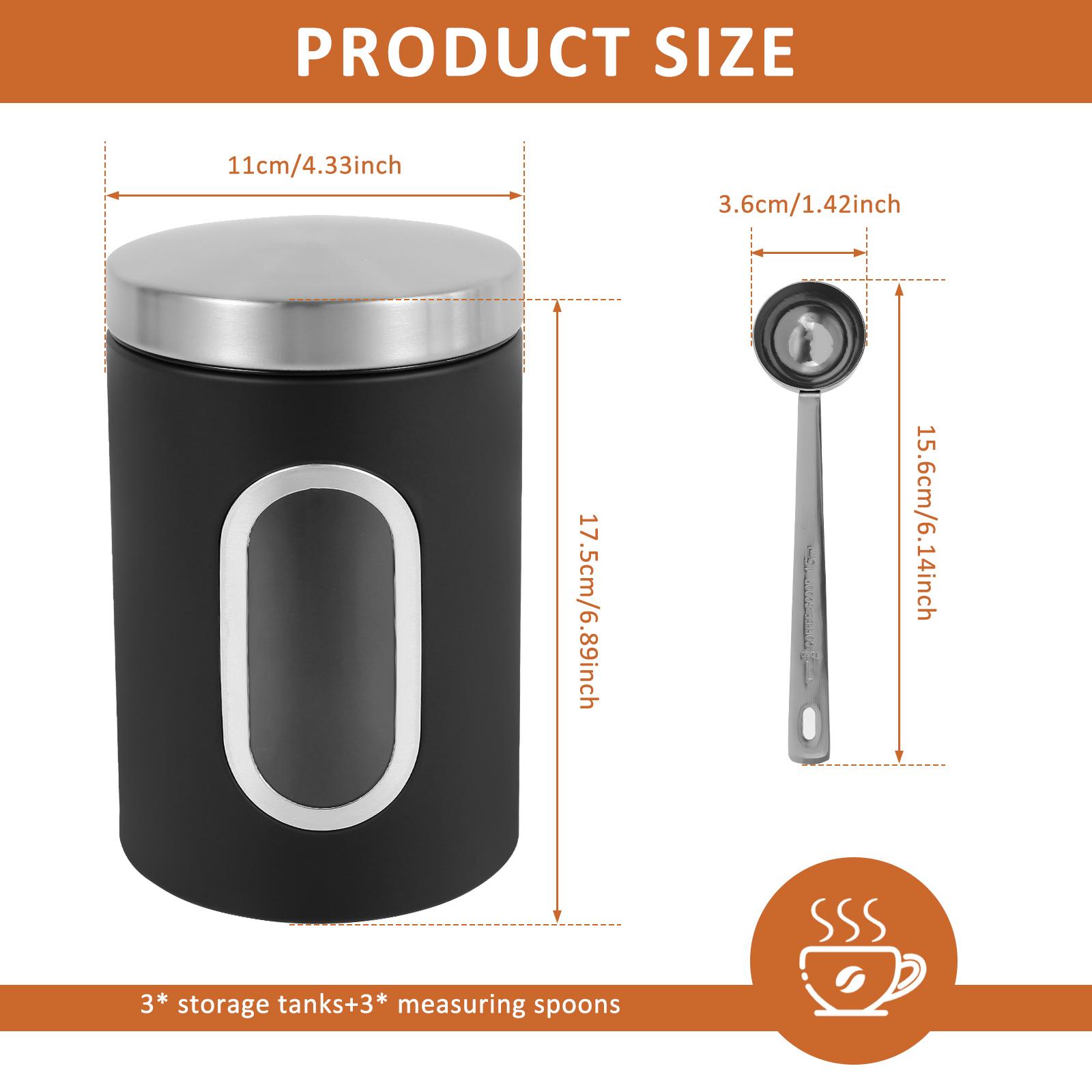 

Airtight Coffee Canister Stainless Steel Food Storage Canisters with See Window Coffee Tea Sugar Container Set with 3 Spoons 3PCS чорний