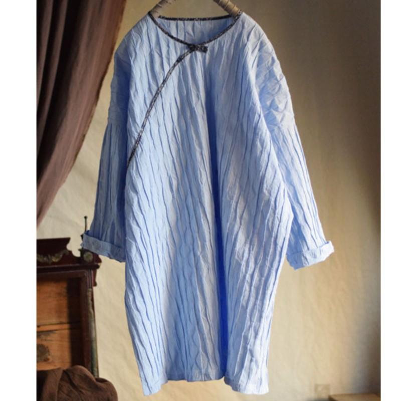 

Johnature Women Vintage Tops Blue O-Neck Long Sleeve Spring Loose Chinese Style Striped Soft Shirts One Size синий