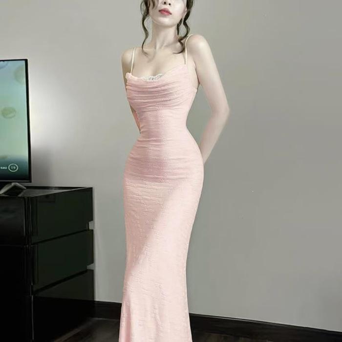 Sexy wind lace color matching splicing suspender slim dress high-end women's summer off-the-shoulder waist hip-wrapped dress