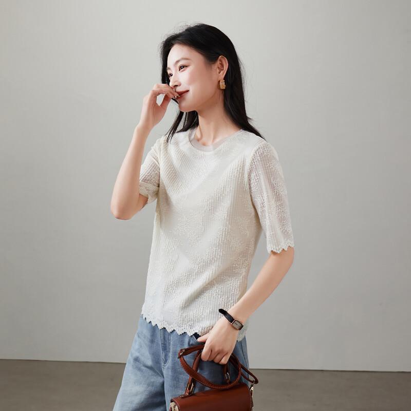 SOFSIL Women s Jacquard Lace Round Neck Short Sleeve T-Shirt S