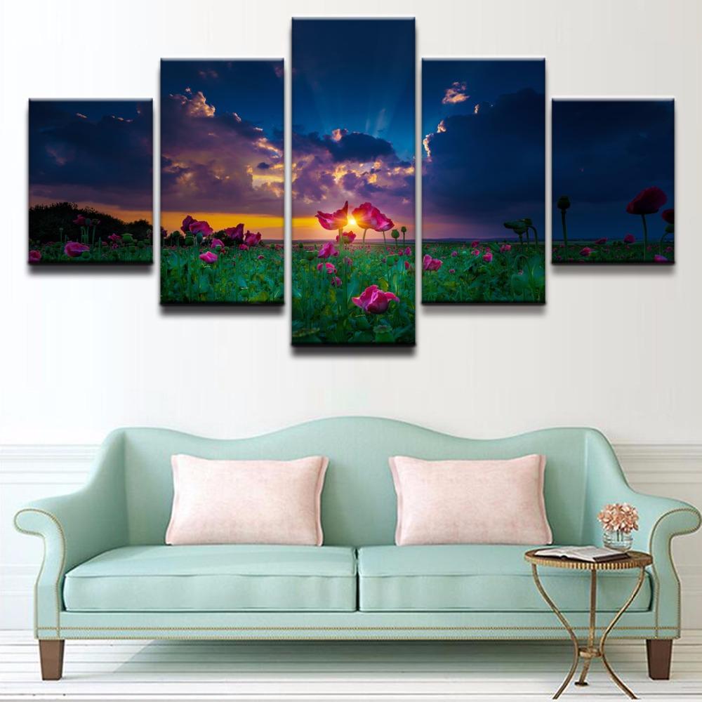 

Картина маслом на холсте, домашний декор, настенная картина, 5 панелей, розовые цветы в естественном солнечном свете для гостиной, принт, плакат без рамки 20x35cm*2 20x45cm*2 20x55cm*1