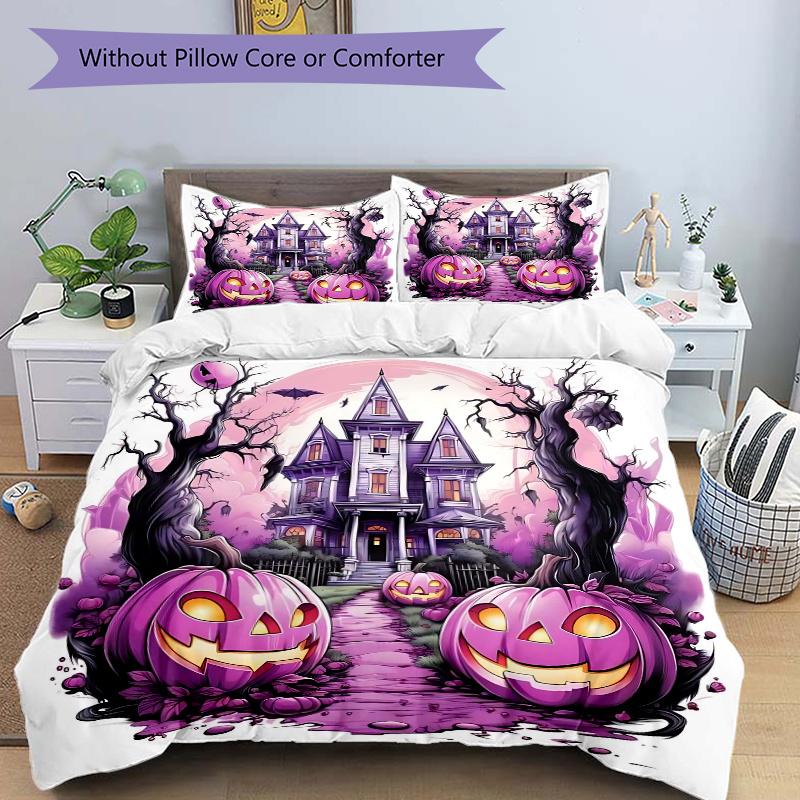 

3pcs Purple Pumpkin Halloween Quilt Cover Set - Soft & Comfortable Polyester Fabric, All-Season Breathable Comforter Set For 1 Quilt Cover & 2 Pi 135x200cm