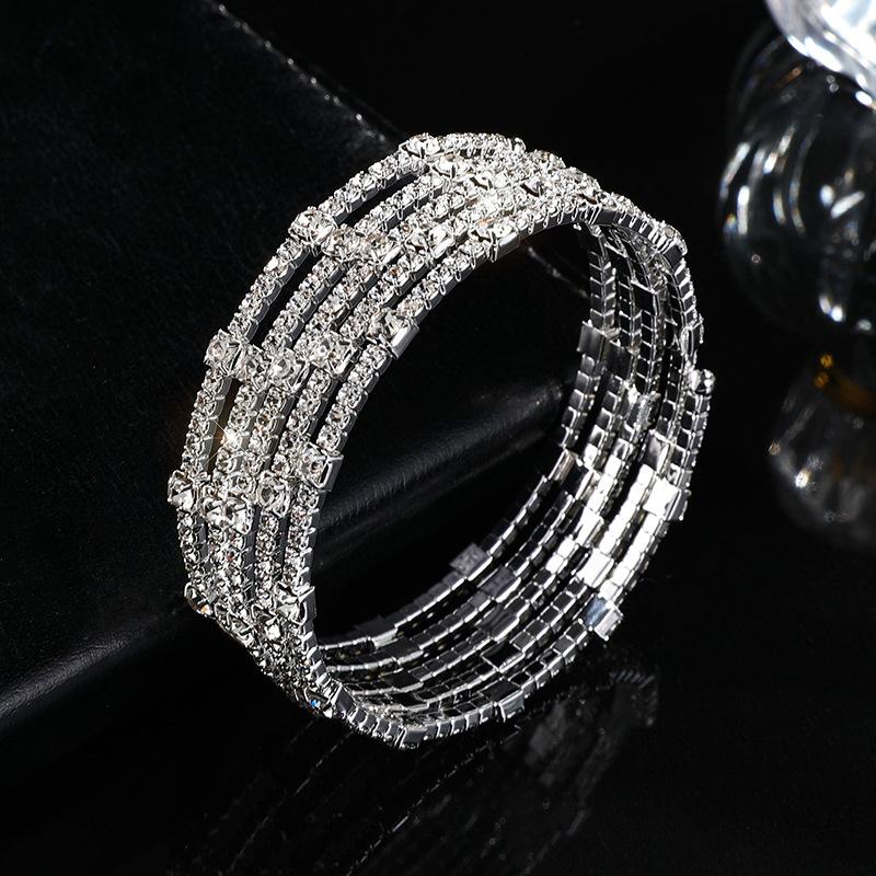 Claw diamond multi-row winding bracelet full diamond steel wire wide bracelet bride diamond-set opening elastic bracelet