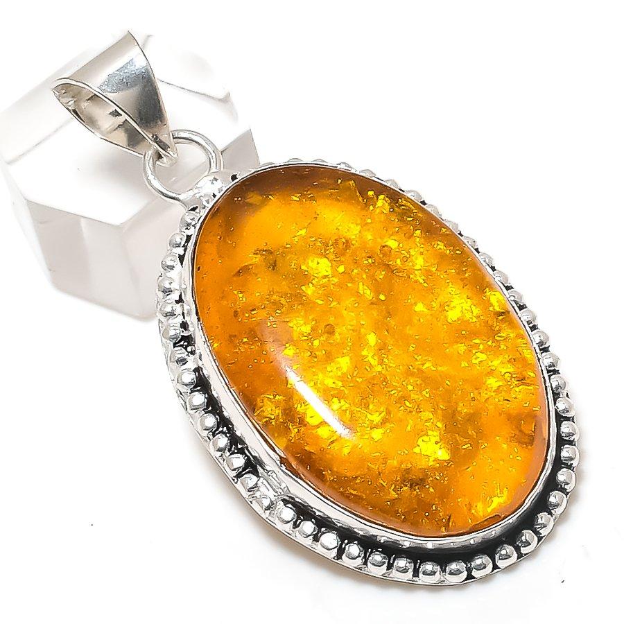 Natural Baltic Amber Gemstone 925 Sterling Silver Jewelry Pendant 2.17" U0g52