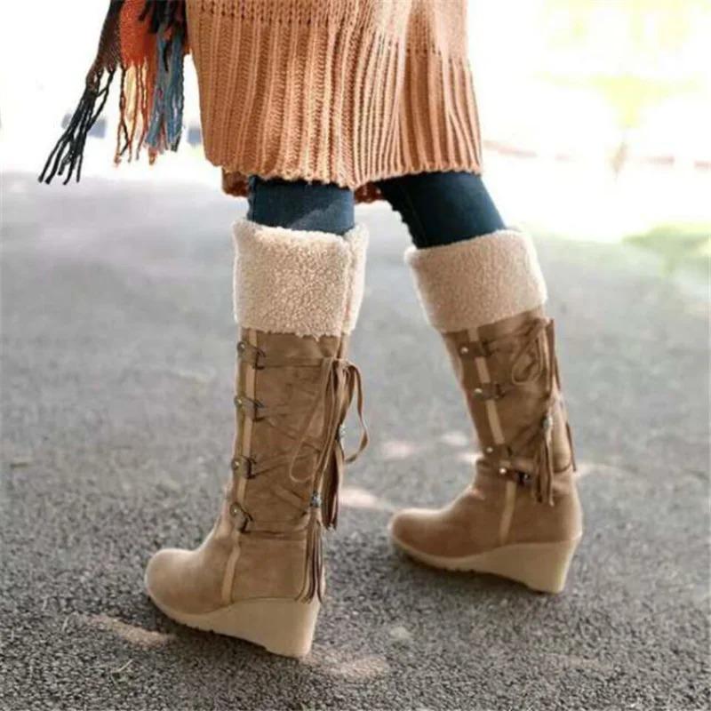 New Slope Heel Warm Snow Boots Comfortable Casual Women's Shoes Winter Cross Strap Fashionable Frosted Boots