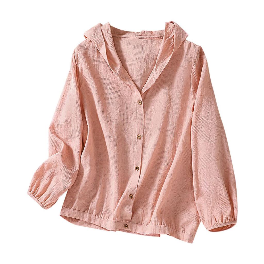 Women's Fashion Solid Color Cotton  Embroidery Loose Casual Hundred Hooded Cardigan Long Sleeve Top