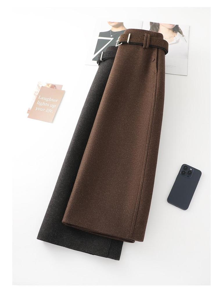 Elegant Woolen Coffee Midi Skirt - Women's Autumn/Winter 2025, Thickened Professional Design, Versatile Style