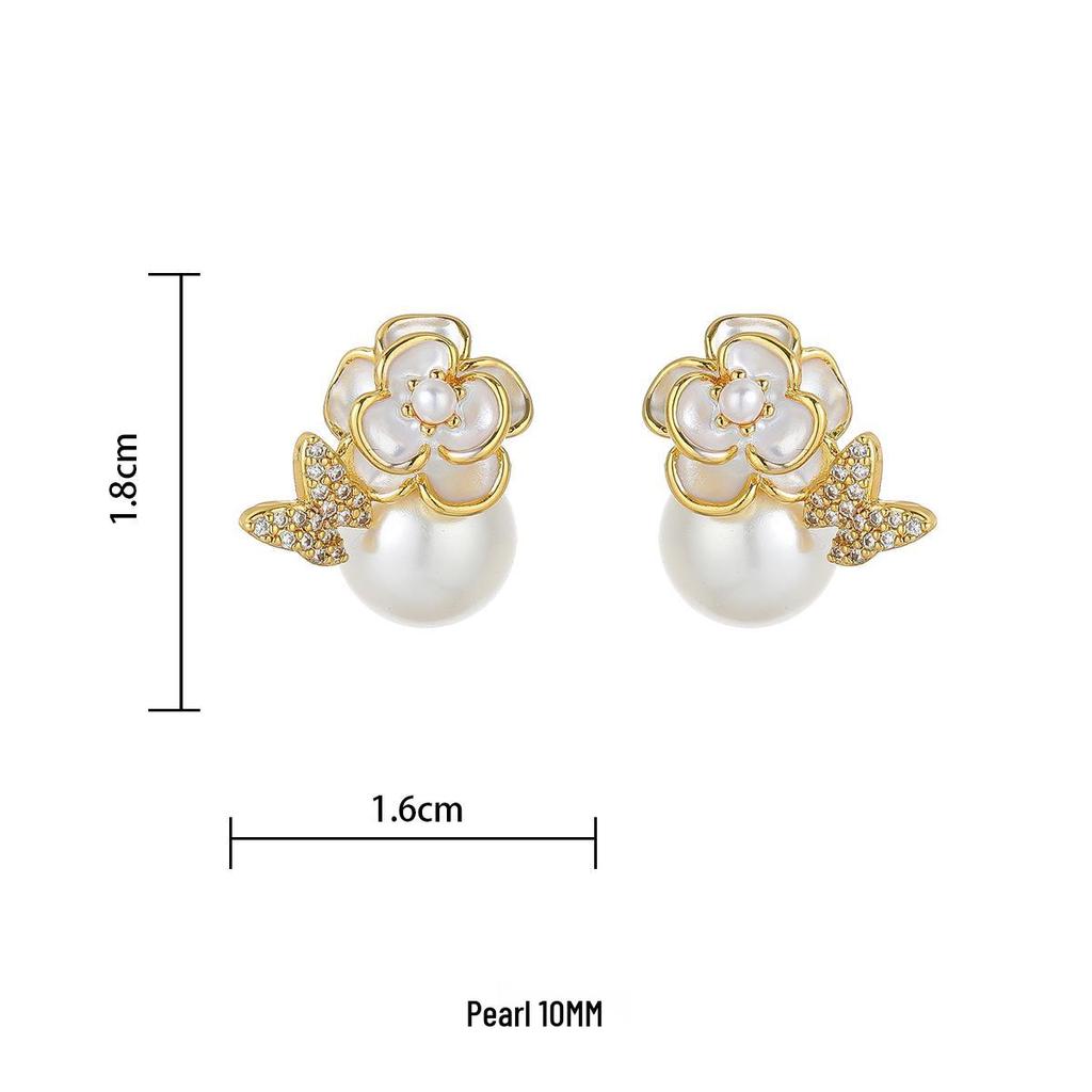 High-End French Enamel Camellia Butterfly Pearl Stud Earrings