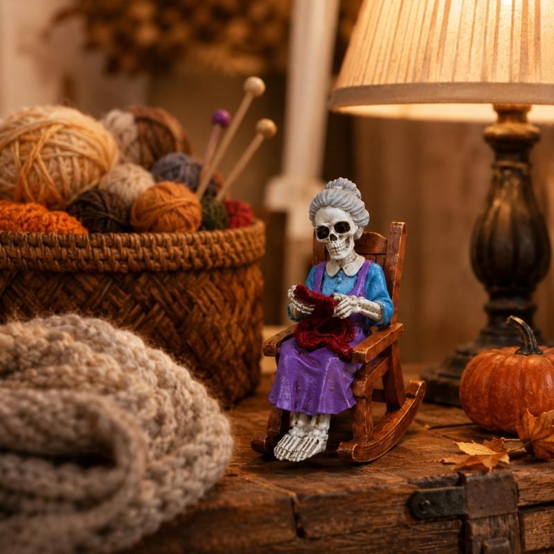 Halloween Rocking Chair Figure for Shelf Display and Room Styling, Skull Home Accent for Bookcase and Entry Placement
