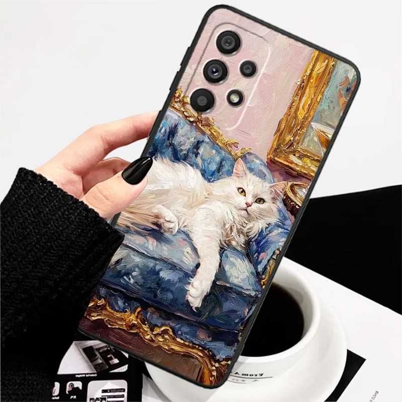Cute cartoon cat illustration Phone Case For Samsung A73 A72 A71 A55 A54 A53 A52 A51 A13 A22 A16 A15 A12 A14 A26 A07 5G Black