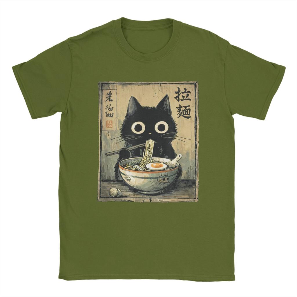 Kawaii RaUnisex Cat Retro Japanese Noodles Artwork Unisex T Shirt Vintage Tee Shirt Short Sleeve O Neck TShirt Cotton Gift Idea Tops