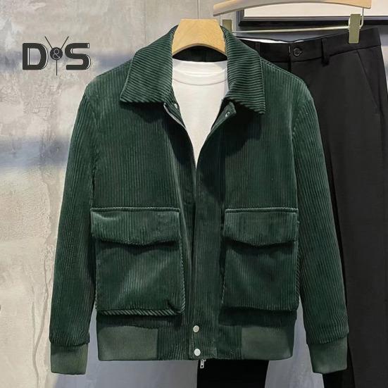 Men Corduroy Jacket Lapel Long Sleeve Flap Pockets Full Zipper Closure Solid Color Jacket Casual Outerwear