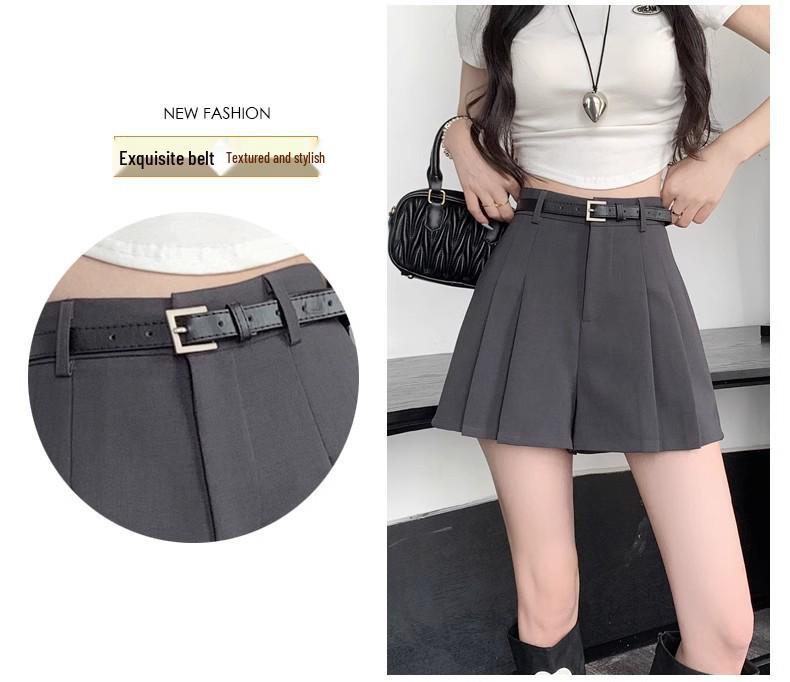Women's Gray High-Waist Pleated Chiffon A-Line Shorts - Summer Slimming Wide-Leg Casual Skirt Pants