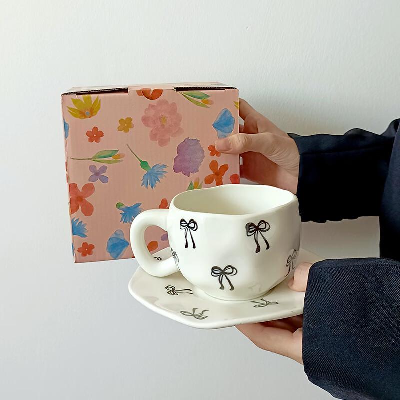 Changqi Hand-Painted Bowknot Ceramic Coffee Mug & Saucer Set