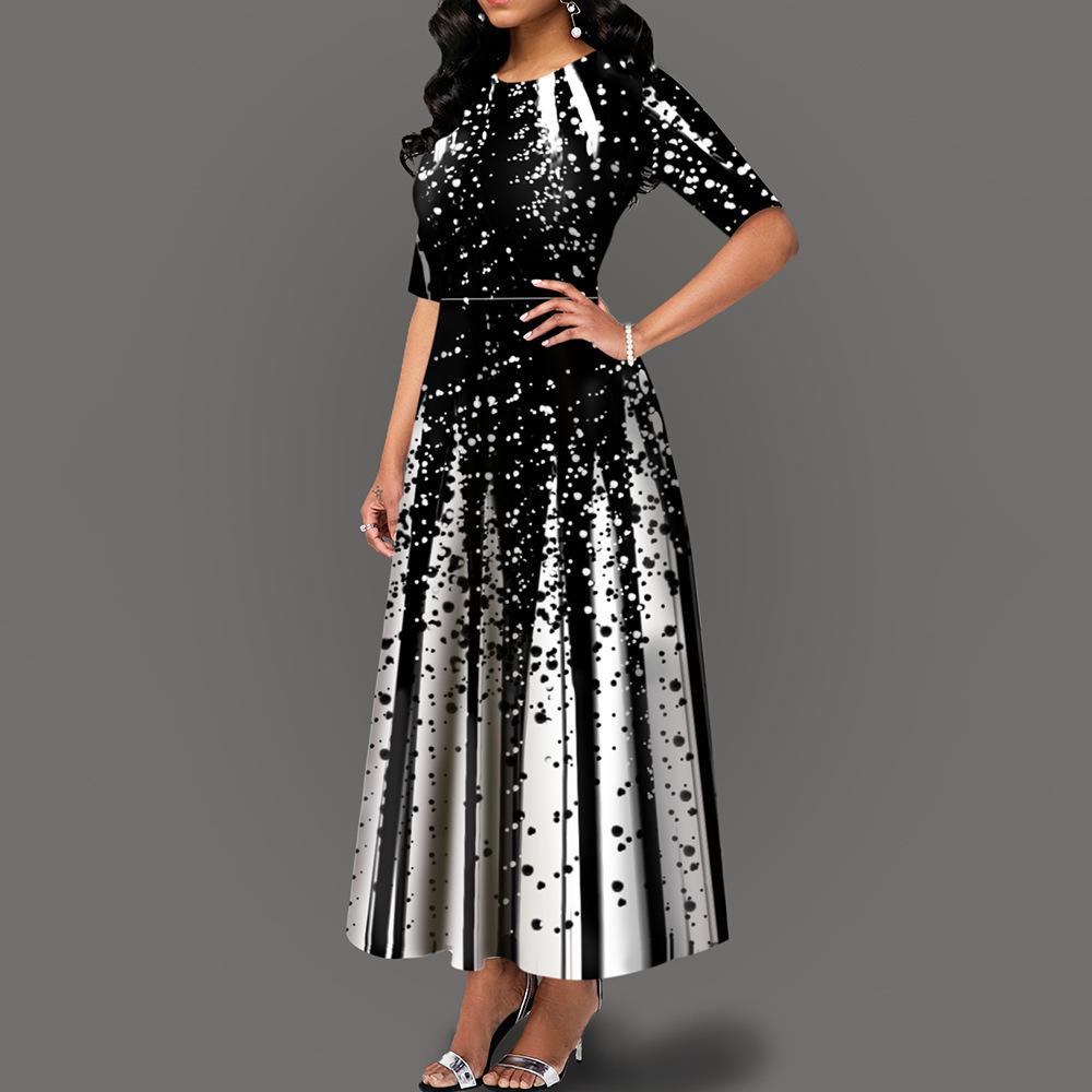 2025 New Women's Fashion Personalized Gradient Positioning Printed Round Neck Middle Sleeve Large Swing Dress