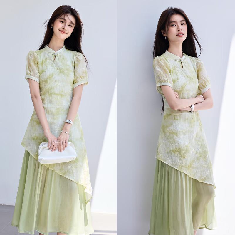 VICTORIA&VERA Summer New Chinese Style Embroidered Faux Two-Piece Cheongsam Midi Dress